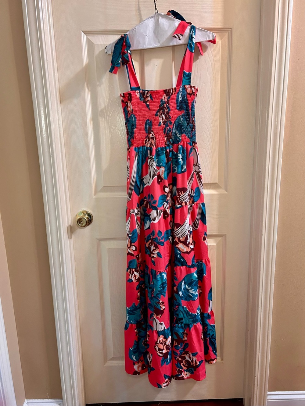 Bright Pink Floral Maxi Dress with Teal Accents